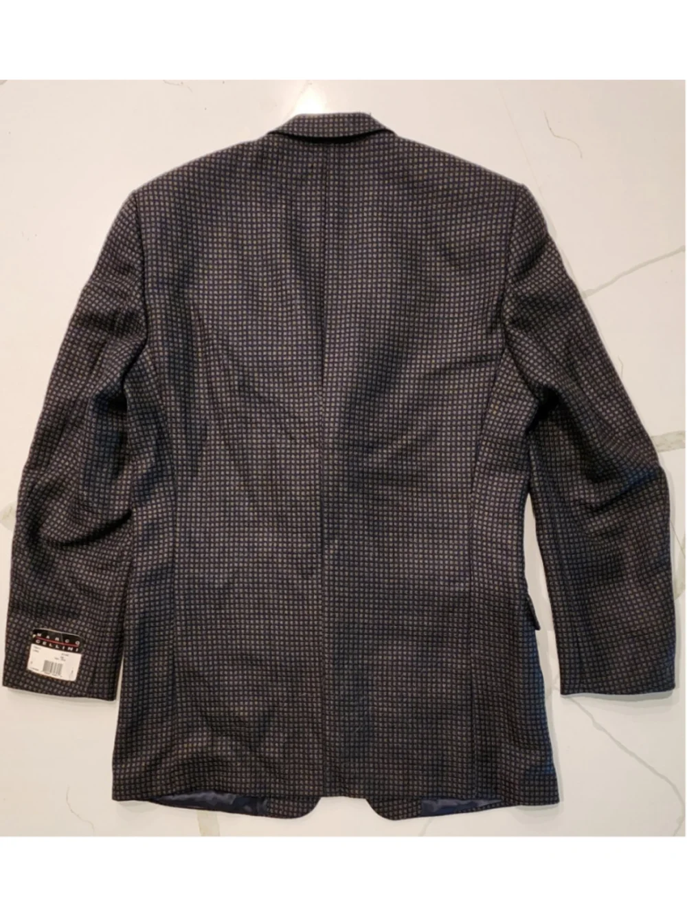 Marco Cellini Men’s 40 100% Wool Blazer Navy Tan Geometric Check Sport Coat Long